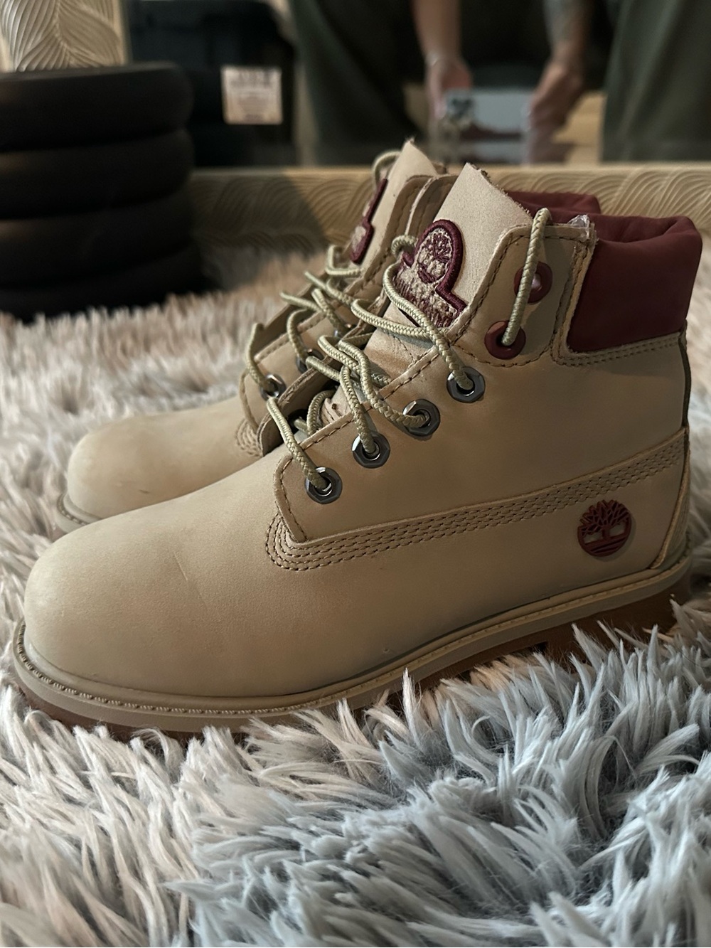 Timberland Kids Wheat Boots with Burgundy Collar Accents